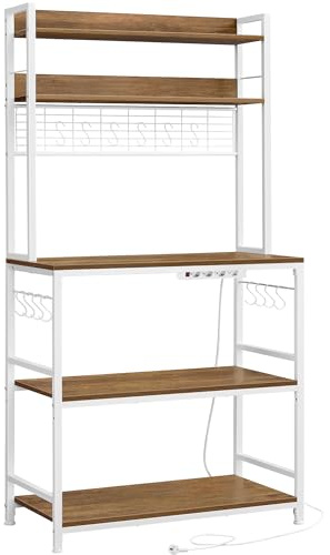 VASAGLE Étagère de Cuisine avec Multiprise, Support pour Micro-Ondes, Étagère de Rangement, avec Panneau Grillagé, 14 Crochets, 40 x 80 x 170 cm, Marron Rustique et Blanc KKS025W41EU