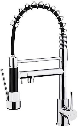 Ibergrif Spring Kitchen Sink Mixer Tap with Pull Out Sprayer, Single Handle Dual Lever with Dual Spout, High Arc 360° Swivel, Chrome M22144