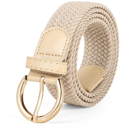 JASGOOD Women Braided Woven Elastic Stretch Belt Canvas Casual Belt for Jeans Pants, A-Beige
