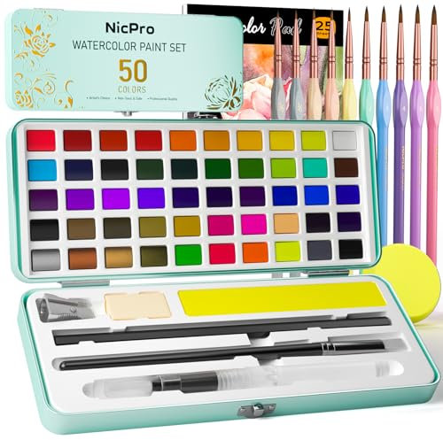 Nicpro 50 Farben Aquarellfarben Set, Einschließlich Metallischer und Fluoreszierender Farbe, 8 Macaron-Malpinsel, Aquarellpapier, Palette, für Künstler, Erwachsene und Anfänger, mit Geschenkbox