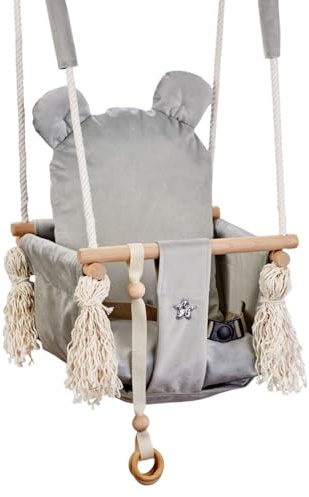 Love Gifts® Babyschaukel aus Holz hochwertig und geeignet als Indoor Schaukel, montierbar an der Decke sowie im Türrahmen, Bär-Grau, Made in EU