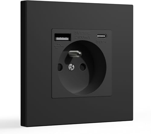 BSEED Prise Murale avec USB et 1 Type C,16A Prise de Courant Alternatif avec Panneau en Plastique,Multiprise Murale(Max 2.1A),Convient au Smartphone,à la Tablette (1 Prise avec USB et Type C,Noir)