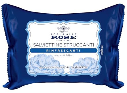 Acqua alle Rose, Salviettine Struccanti Rinfrescanti per Tutti i Tipi di Pelle, con Acqua Distillata di Rosa Damascena, Azione Struccante su Viso, Occhi e Labbra, 20 Salviettine