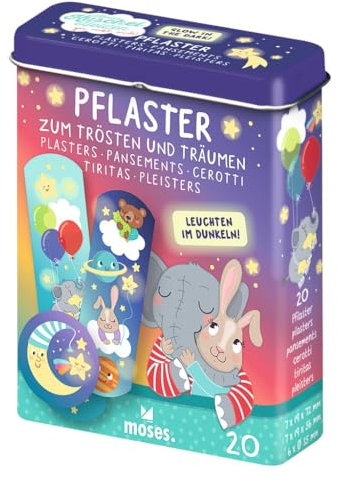 moses. Kleine Kuschelhelden Leuchtende Pflaster, Pflasterbox für kleine Verletzungen und Wunden, mit niedlichen Motiven und Leuchteffekt, 20 Heftpflaster in 3 verschiedenen Größen in einer Metalldose