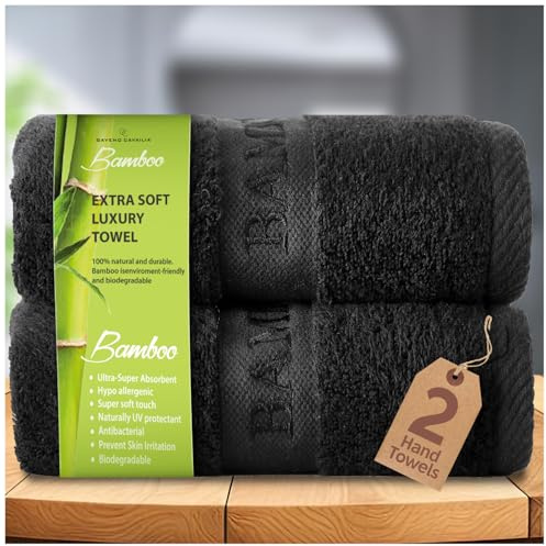 GC GAVENO CAVAILIA 2 Pack 60% Bamboo 40% Cotton Towel Set | 550 GSM Quick Dry Reusable Hand Towels | Super Absorbent Gym Spa Sauna Towel | Black 50x80 Cm