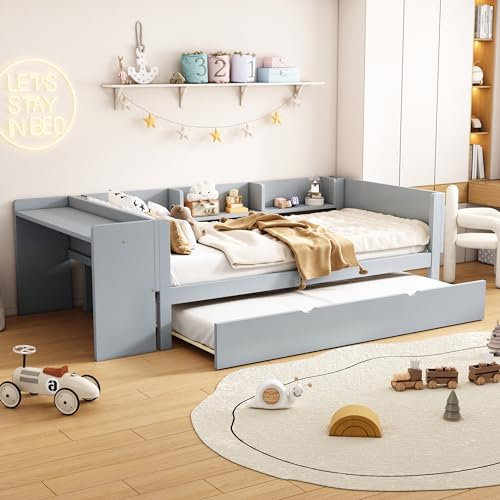 Dolamaní Jugendzimmer Tagesbett 90x200 cm Ausziehbar Holz, Bett mit Schreibtisch, 3 Regale Seite des Betten, Ausziehbett, Gästebett (Grau)