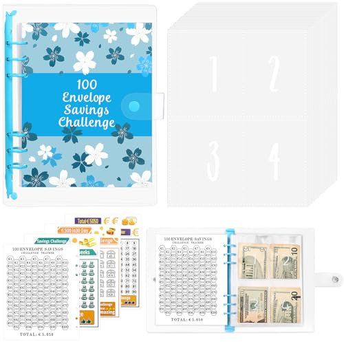100 Envelope Saving Challenge, Budget Binder A5 con Registro del Reto y Fundas Perforadas Numerados para el Dinero, Carpeta Presupuestaria para el Reto del Ahorro – Azul