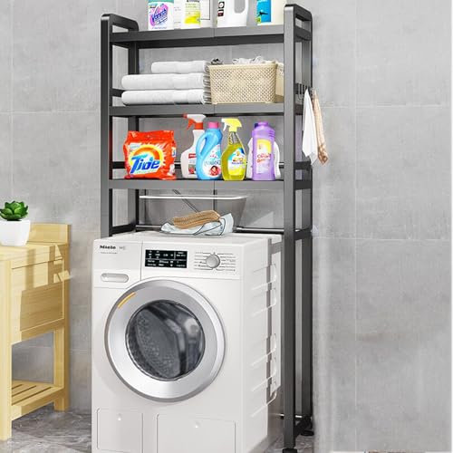 AHDFY Tvättmaskinsförvaring, Space Saver Hylla Organizer Hållare, Multifunktion, Med 3-lagers justerbara hyllor, Lagerstark, För tvättstuga Hyllenhet Space Plant Vardagsrum,Black