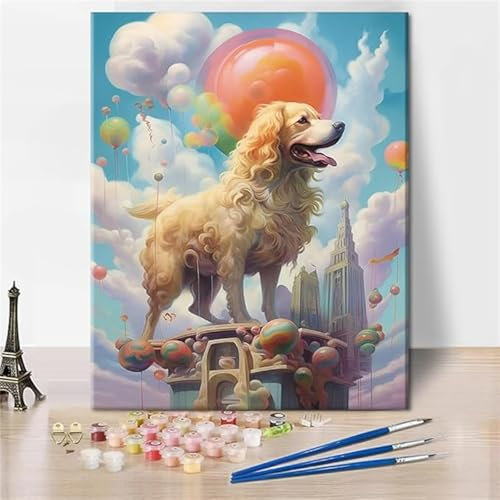 Malen Nach Zahlen Erwachsene Hund, DIY Malen Nach Zahlen Luftballon Ölgemälde Leinwand Kit für Anfänger, Mit 3-Pinseln und Acrylfarbe, für Home Wanddeko Wohnzimmer, Geschenke Mädchen 60x70cm-Y46