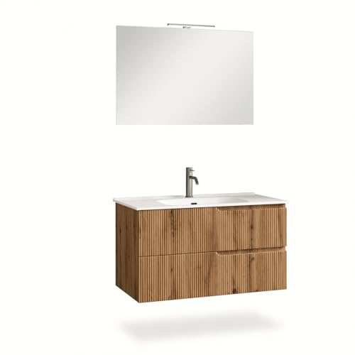 AQA DESIGN mobile bagno composizione 4 pezzi, mobile bagno con lavabo, base sospesa con frontali in MDF cannettato, set mobili bagno nr2 cassetti - Rovere miele - 101x46,5x190 cm