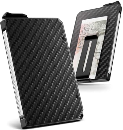 MYSHION Metall Kartenetui Herren mit Geldklammer, Minimalist Pop-Up Slim Wallet, RFID Schutz, Karten Portemonnaie mit Aufhängeloch, Aluminium Card Holder für 6–8 Karten - Kohlefaser