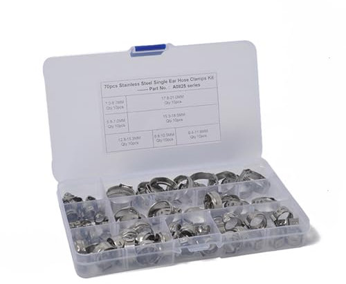 70Pcs 7 Sizes Stainless Steel Single Ear Hose Clamps Crimp Hose Clamp Assortment Ear Cinches Rings Crimp