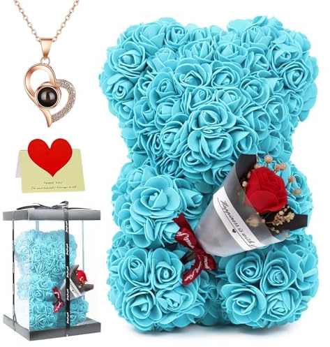 Orsetto di rose con bouquet e scatola regalo, 25 cm, teddy floreale romantico per anniversario, Natale, matrimonio e compleanno (azzurro)