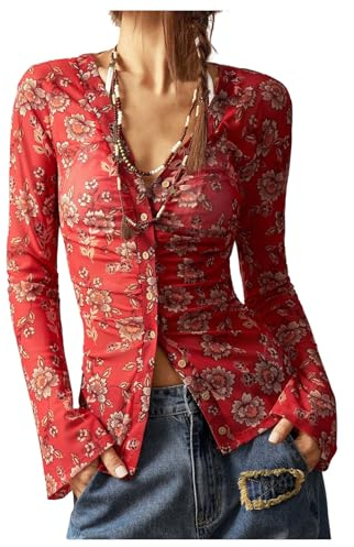 SOLY HUX Women's Long Sleeve Shirts Boho Floral Print Blouses Button Down V Neck Fitted Tops Red Floral Small