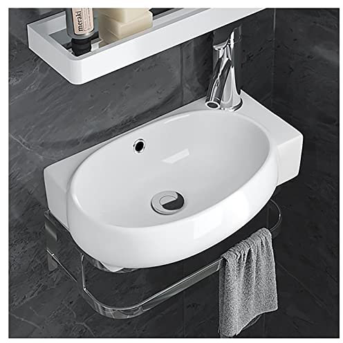 Kompaktes Eckwaschbecken mit Wandhalterung für Badezimmer mit Wasserhahn und Turmaufhänger – weiße Keramik-Mini-Gefäßspüle mit Überlauf für platzsparende Lösungen