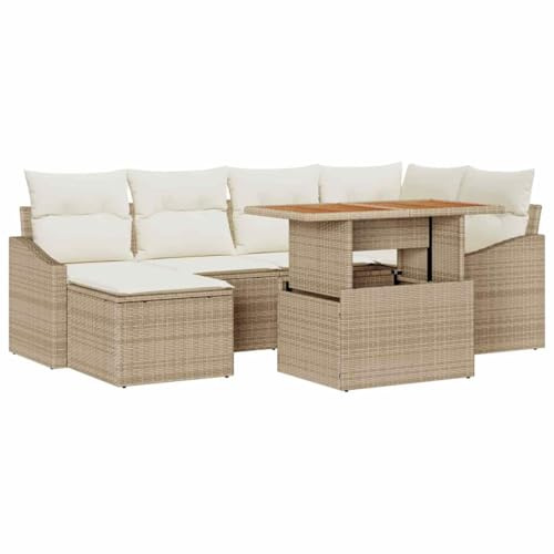 vidaXL 7-teiliges Garten-Esszimmer-Set mit Kissen in Beige aus Poly-Rattan und Akazie – Modular für Terrasse und Patio, Lounge Sofa