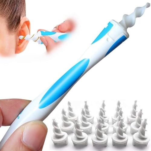 Ear Wax Removal Tool, Spiral Ear Cleaner with 15 Replaceable Heads, Safe Reusable Earwax Remover for Adults & Kids, Soft Flexible Silicone Ear Pick, Hygienic Ear Cleaning Kit