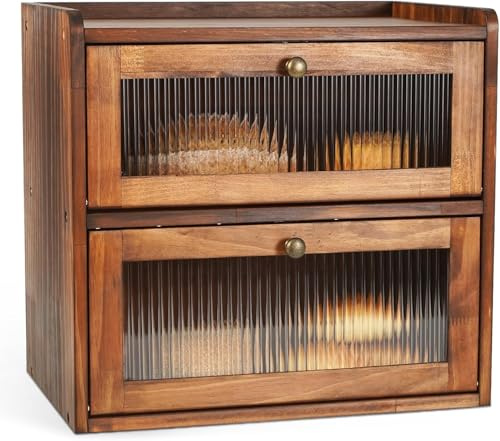 Yeqqzq Double Layer Large Bread Box for Kitchen Counter, Wooden Corner Bread Storage Container with Acrylic Window