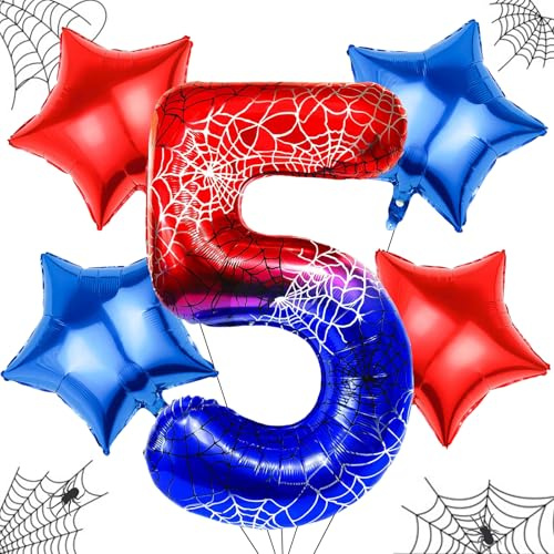 Spider Balloons, 5 Pieces Spider Aluminium Balloons, Red and Blue Balloons, Foil Balloons, Balloons Birthday 5 Years, Spider Balloon for Parties, Anniversaries, Baby Shower