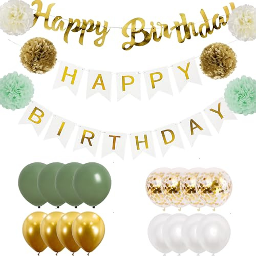 Luftballons Geburtstag Dekoration, Grün Gold Weiß Geburtstagsdeko, Happy Birthday Deko Banner, Pompons, Dreieck Flagge, Luftballons Konfetti Ballons für Geburtstagsdeko Männer Frau