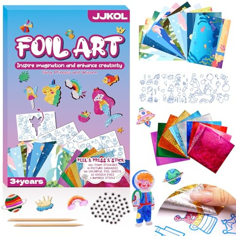 JJKOL Foil Art Kinder Kunst & Bastelaktivität, Bastelset Kinder Folienspaß Aufkleber, Folienspaß Einhörner und Prinzessinnen, Bastelkoffer Geschenk für Bastelset Mädchen Jungen ab 4 Jahren