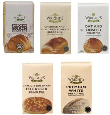 Wright’s Bread Mix Selection Pack 5x500g | Premium White, Mixed Grain, Garlic & Rosemary Focaccia, Cheddar & Sun Dried Tomato and Oat & Linseed | Variety Pack for Bread Baking