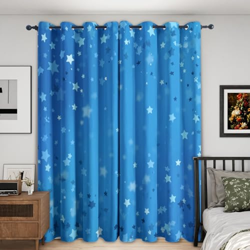 Generisch Stern Kinder Vorhang Blickdicht 2er Set, H 137 x B 117, 95% Verdunklung, Blau Sternenhimmel Vorhänge für Wohnzimmer Schlafzimmer Deko, Thermo Fenster Gardinen mit Ösen UD66