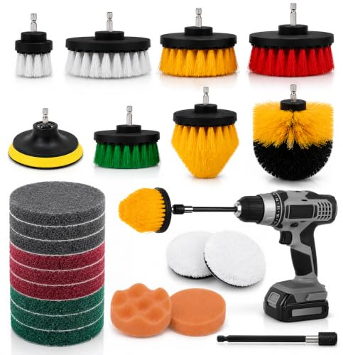 Drill Brush Attachment Set, 22 Pc Drill Brushes for Cleaning Bathroom, Kitchen, Car & Grout - Nylon Brush for Drill with Scrub Pads, Polishing Pads & Extension - Drill Cleaning Brush Set