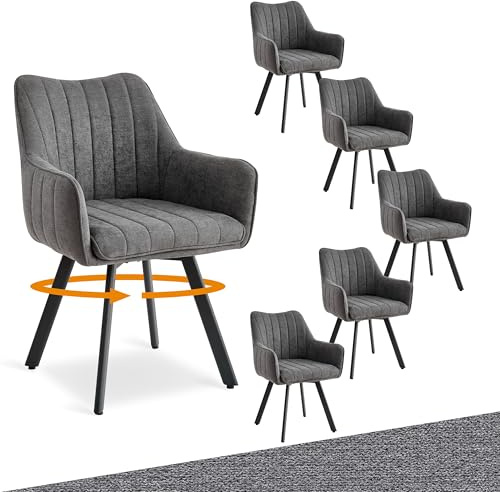 HJhomeheart 6er-Set Drehbare Esszimmerstühle, 360° Drehbare Polsterstühle, Leinen-Armlehnstühle, Metallbeine, Küchenstühle, Geeignet für Esszimmer, Küchen und Wohnzimmer, Dunkelgrau