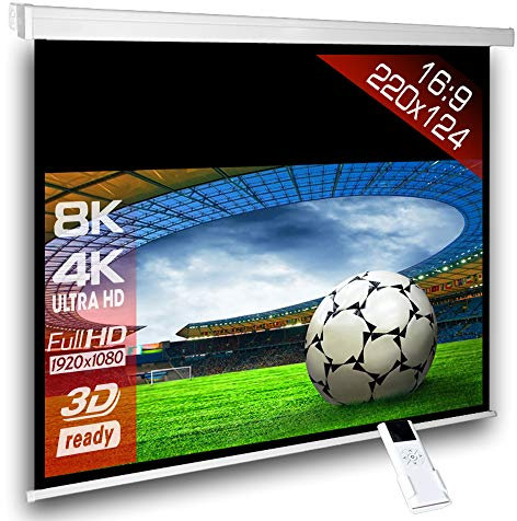 Alphavision SlenderLine Schermo per proiettore motorizzato 220x124cm Formato 16:9 con radiocomando per installazione a parete o soffitto FULL-HD 4K Ultra HD 2D/3D