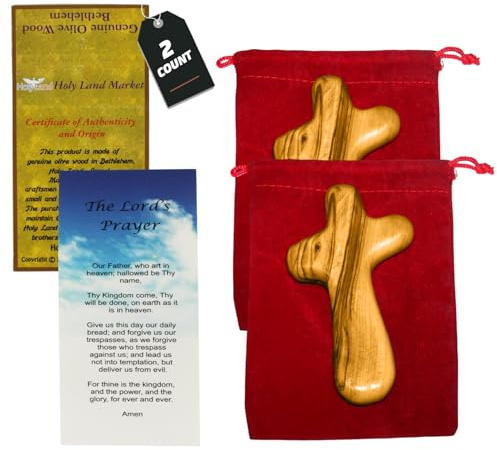 Holy Land Market Inspirational 2 Hand Made Olive Wood Pocket Crosses from Bethlehem - Comfort and Prayer Crosses - Hand Held Wooden Crosses - 2 Sets with Certificates, Prayer Cards and Velvet Bags