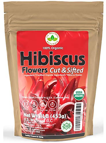 Hibiscus Tea 1LB (16Oz) 100% CERTIFIED Organic Hibiscus Flowers Herbal Tea (CUT&SIFTED), Caffeine Free Tea (200+ cups) 1 lb. Bulk Resealable BPA-Free Bag
