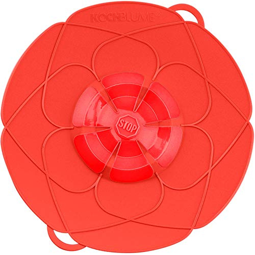 Kochblume originalet, silikon överkoksskydd för kastruller och pannor, mikrovågsugn-lock, stänkskydd och ångkokare | Set med blixtlåsficka i den rosa lådan (röd, L | krukstorlek 14–24 cm)