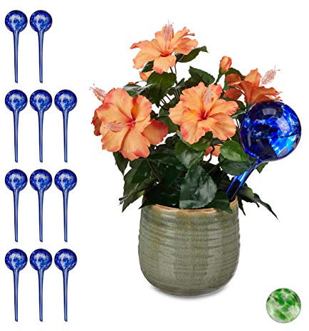 Relaxdays 12 x Bewässerungskugel, dosierte Pflanzen Bewässerung, Blumentopf, Gießhilfe Büro, Urlaub, Durstkugel Glas, Ø 9cm, blau