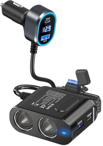 PD65W KFZ Verteiler auf Laptop: 200W Auto Zigarettenanzünder Adapter 12V Dual USB C Ladegerät 2 Mehrfach Steckdose 12 Volt DC Stecker Splitter mit LED Voltmeter für iPhone Sitzheizung GPS Kamera Navi