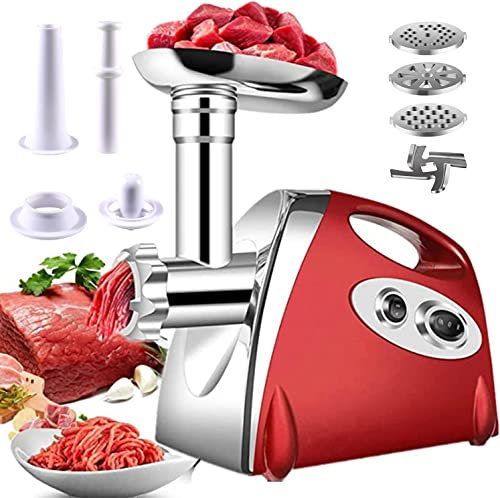 BenRich Electric Meat Grinder Mincer Max 2800W Copper Motor - 3 Grinding Plates & Kibbe Attachment for Sausage Making, Meat Mincing, Food Processing (Red)