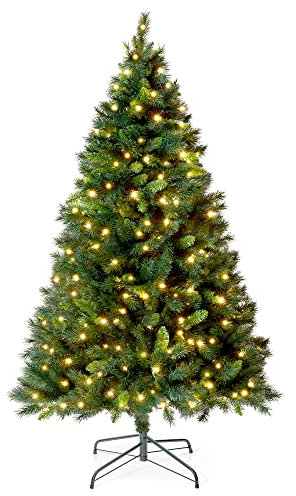 VeryMerry 5FT 'Snowhill' Pre Lit Christmas Tree with 200 Built-In Warm White LED Lights with Auto-Off Timer, 8 Lighting Modes and Foldable Metal Stand