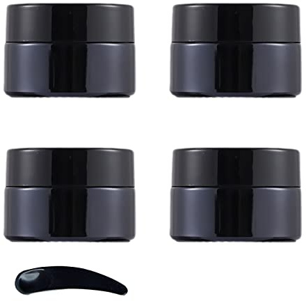 ZEOABSY 4 Pcs 20g Empty Black Glass Cosmetic Jars with Screw Lid, 20ml Face Cream Storage Containers Pots for Homemade Cream Gel Lip Balm Salve + 1x Spatula