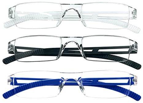 KoKoBin Lesebrille für Herren und Damen, randlos, rechteckig, Blaulichtblockierung, leicht, 3 Stück (Schwarz + Blau + Transparent, 2,00)