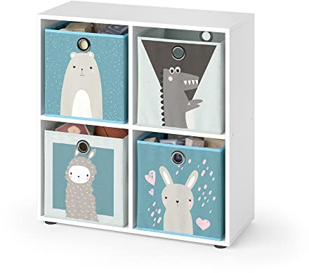 Vicco Kinderregal Tetra, Weiß, 72.6 x 72 cm mit 4 Faltboxen, zur Aufbewahrung von Spielzeug und Büchern geeignet