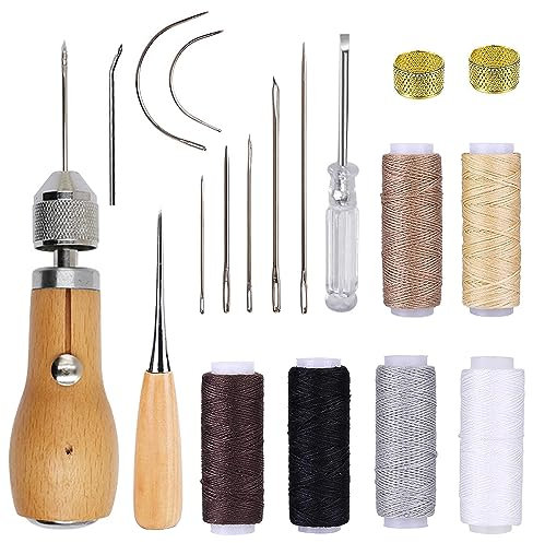 NICAVKIT Leder Nähset, Handwerk Werkzeuge Set Enthalten Nähahle, Handnadeln, 6 Rollen Wachsfaden, 7 Nadeln, Messingring, Spule, Greifer für DIY Handwerk