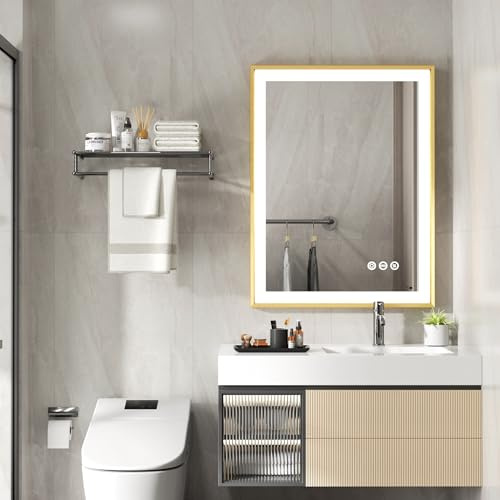 LUVODI Badspiegel mit Beleuchtung 80x60 cm: Luxus LED Badezimmerspiegel mit Gold Aluminiumrahmen, Nebelfrei, Dimmbar 3000K 4000K 15000K, Memory-Funktion, IP56 Bad Spiegel mit Licht
