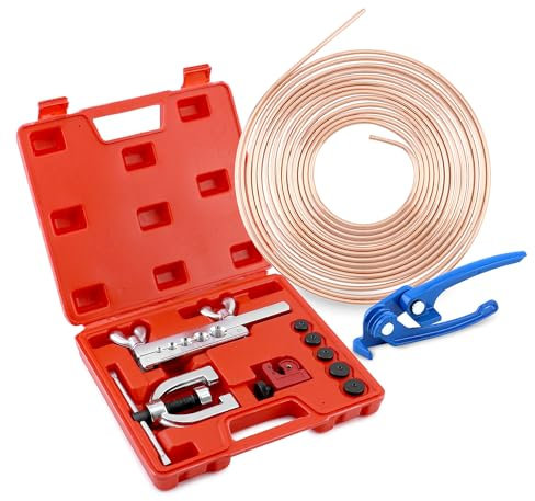 QWORK® brake line flaring tools, universal flaring tool kit for hydraulic brake systems, 7.62m copper alloy brake line, multi-size adapter + blue pipe bender