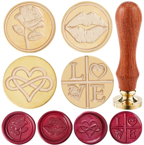 craspire 4 Stile Liebesherz Wachssiegel-Stempelkopf Rose 25 mm Abnehmbarer Messingkopf Set Mit 1 Holz-Siegelstempelgriff Für Hochzeit, Valentinstag, Umschläge, Einladungen, Geschenkverpackung