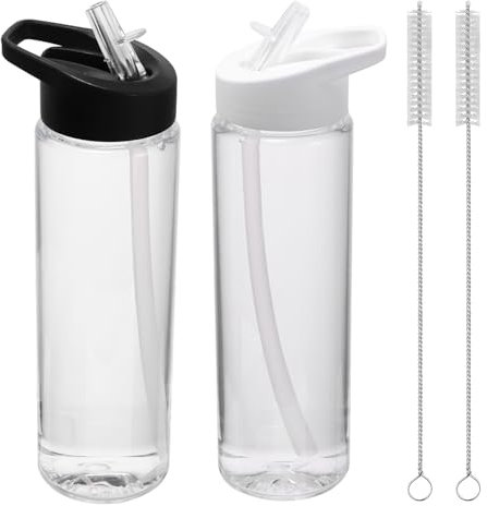 WHILIERA 700ml Water Bottle With Straw, Plastic Water Bottles Sports Water Bottles Clear BPA Free with 2Pcs Straw Brushes Drinking Bottle for Athletic Running Home Outdoor Activity