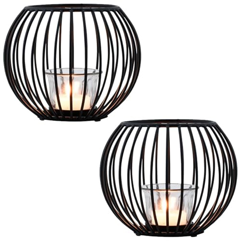 Marrakesch Set med 2 skandinavisk dekoration lyktor metall och glas 15 cm liten svart | Lyktljus värmeljushållare Spectro som trädgårdsdekoration & vardagsrumsbordsdekoration | Utsökt ljushållare för