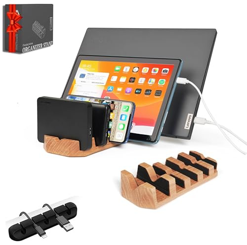 Oak Multi-Device Organizer with Cord Organizer and Anti-Scratch Pads Accessories Set – Vertical Stand for Laptops, Tablets, Phones, and External Hard Drives – Desk Station Dock for Home Office