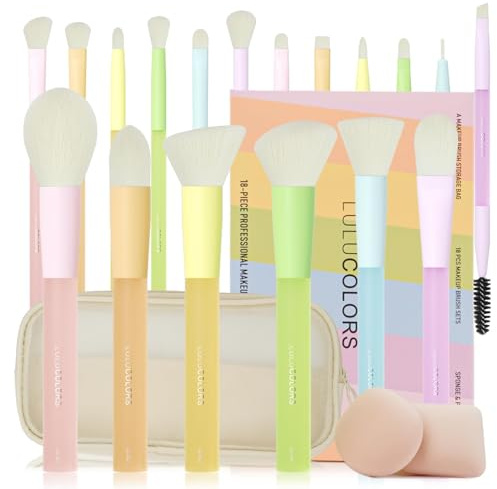 LULUCOLORS 18-Pcs Makeup Brush Set for Beginners - Travel-Friendly with Soft Arthritis-Friendly Handles & Non-Shedding Bristles | Includes Storage Bag, Eyeshadow Brushes & Sponges (Multi-Color)