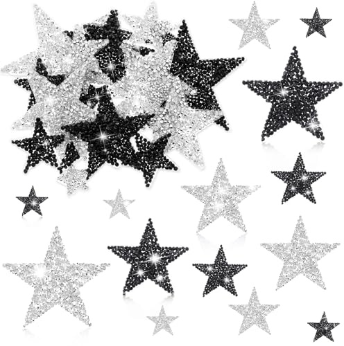 Nogeqi 24 Stück Strass-Stern-Aufnäher zum Aufbügeln für Kleidung, Nähen, Stern-Aufnäher, sternförmige Hut-Flicken, Y2K-Stern-Kleidungsflicken für Jacken, Rucksäcke, Jeans, Mäntel, DIY (Schwarz