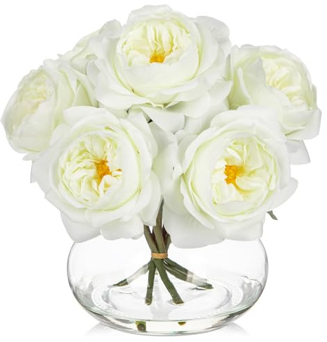 Oairse Kunstblumen mit 6 Pfingstrose in Glasvase Pfingstrose künstlich 3D-Druck Real Touch Künstliche Blumen wie echte Pfingstrose für Hochzeit, Zuhause, Hotel, Party, Blumenarrangement